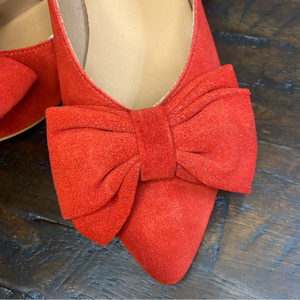Antonio De Faria Ashley Double Bow Red Suede Flats Size 8 Genuine Leather NEW